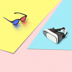 Image showing 3D and virtual reality glasses on a tricolor pastel background.