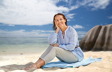 Image showing happy woman over seychelles island tropical beach