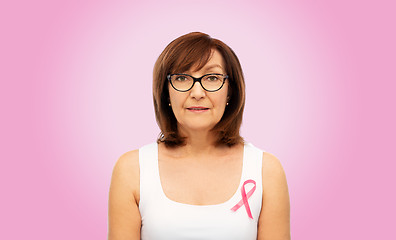 Image showing old woman with pink breast cancer awareness ribbon