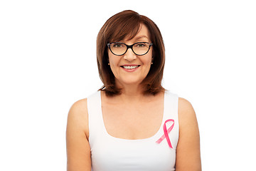 Image showing old woman with pink breast cancer awareness ribbon