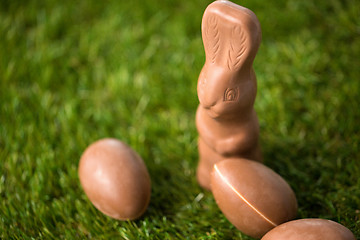 Image showing close up of chocolate bunny and easter eggs