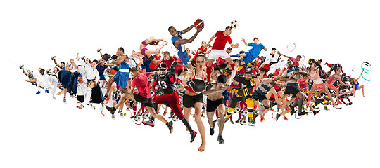 Image showing Sport collage about kickboxing, soccer, american football, basketball, ice hockey, badminton, taekwondo, tennis, rugby