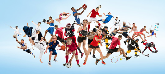 Image showing Sport collage about kickboxing, soccer, american football, basketball, ice hockey, badminton, taekwondo, tennis, rugby