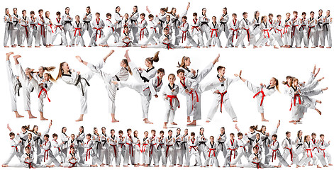 Image showing The collage about group of kids training karate martial arts