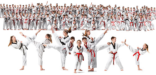 Image showing The collage about group of kids training karate martial arts