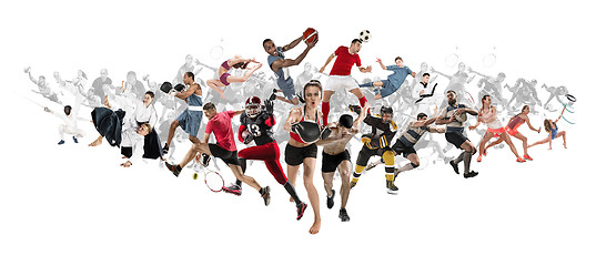 Image showing Sport collage about kickboxing, soccer, american football, basketball, ice hockey, badminton, taekwondo, tennis, rugby