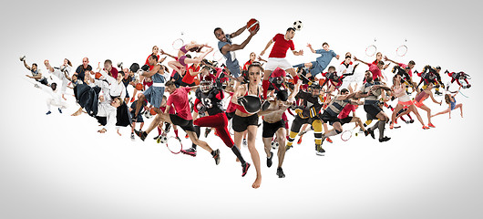 Image showing Sport collage about kickboxing, soccer, american football, basketball, ice hockey, badminton, taekwondo, tennis, rugby