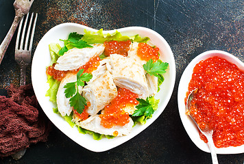 Image showing pancakes with salmon caviar