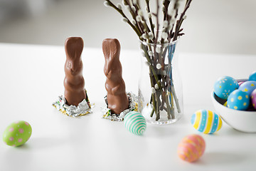 Image showing pussy willow, easter eggs and chocolate bunnies