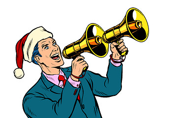 Image showing Christmas sale. Businessman advertises with megaphone