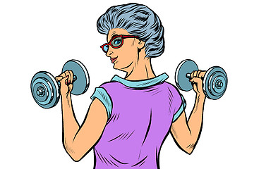 Image showing fitness dumbbells sport activity Woman grandmother pensioner elderly lady