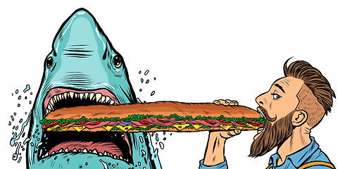 Image showing shark and man eating fast food sandwiches. Hunger and street food concept.