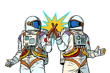 Image showing Two astronauts drink beer. Male friendship