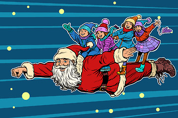 Image showing superhero Santa Claus with children. Christmas and New year