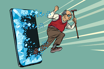 Image showing old man retired grandfather Phone gadget smartphone. Online Internet application service program