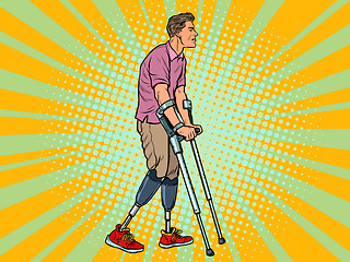 Image showing legless veteran with a bionic prosthesis with crutches. a disabled man learns to walk after an injury. rehabilitation treatment and recovery