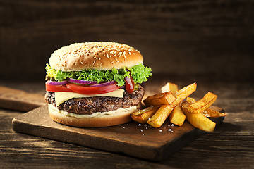 Image showing Hamburger with french fries