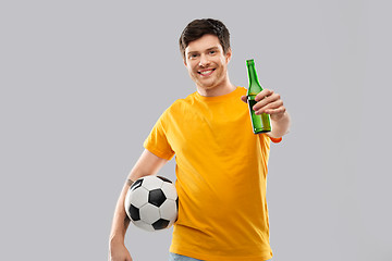 Image showing man or football fan with soccer ball and beer