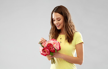 Image showing young woman or teenage girl with flower bouquet