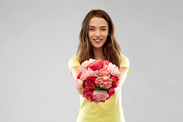 Image showing young woman or teenage girl with flower bouquet