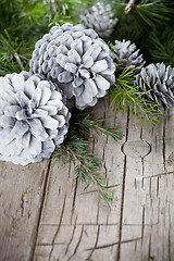 Image showing Evergreen fir tree branch and white pine cones closeup on wooden