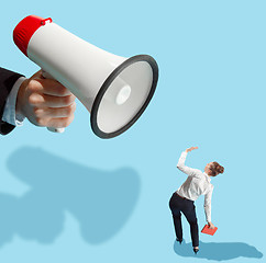 Image showing Flat isometric view of businesswoman and male hand with megaphone