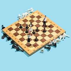 Image showing Business decision making concept. Miniature people : small businessman figure standing and walking on chessboard with chess pieces