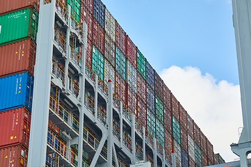 Image showing ROTTERDAM, THE NETHERLANDS - SEPTEMBER 15, 2017: Containers stacked on a container ship at APM terminals. The port of Rotterdam is the busiest cargo port in Europe