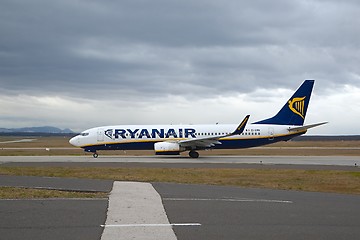 Image showing BUDAPEST, HUNGARY - DECEMBER 1, 2016: Airliner of Ryanair taxiing at Budapest Liszt Ferenc Airport. Ryanair is the largest low-cost airline in Europe