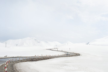 Image showing Car winter mountains road. Georgia