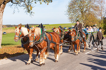 Image showing Warngau, Germany, Bavaria 27.10.2019: Horse and cart at the Leonhardifahrt Warngau