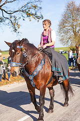 Image showing Warngau, Germany, Bavaria 27.10.2019: Rider at the Leonhardifahrt Warngau