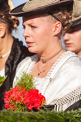 Image showing Warngau, Germany, Bavaria 10/27/2019: Young woman in traditional costume at the Leonhardifahrt Warngau