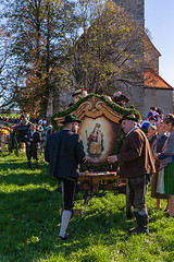 Image showing Warngau, Germany, Bavaria 27.10.2019: Rear view of a car at the Leonhardifahrt Warngau