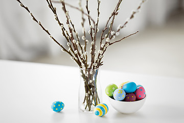 Image showing pussy willow branches and colored easter eggs