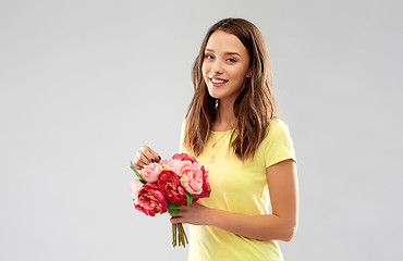 Image showing young woman or teenage girl with flower bouquet