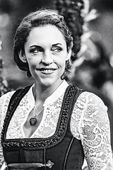 Image showing Black and white picture of a woman in dirndl