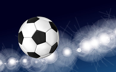 Image showing Soccer ball flying over the evening sky in the light of spotlights and flashes of a football stadium. Vector illustration