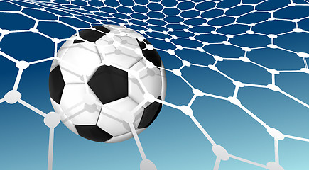 Image showing Soccer ball flying into the net of a soccer goal net. Goal. Vector illustration on blue sky background