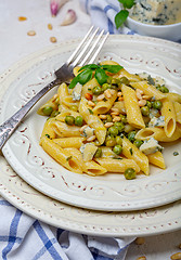 Image showing Delicious vegetarian pasta with green peas sauce.