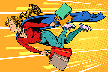 Image showing superhero woman flying with shopping. sales and discounts in stores