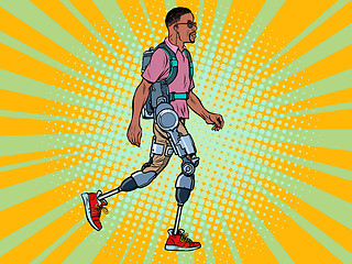 Image showing exoskeleton for the disabled. african man legless veteran walks. rehabilitation treatment recovery. science and technology