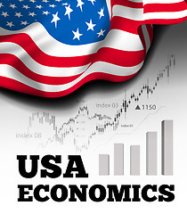 Image showing American economics vector illustration with flag of the USA and business chart, bar chart stock numbers bull market, uptrend line graph symbolizes the growth