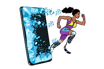 Image showing african woman runner disabled leg with prosthesis Phone gadget smartphone. Online Internet application service program