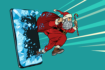 Image showing Christmas online sales concept. Santa Claus comes out of the smartphone