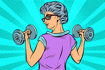 Image showing fitness dumbbells sport activity Woman grandmother pensioner elderly lady