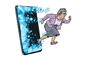 Image showing female retired lady and new technology concept. grandmother punches the screen of the smartphone and goes online