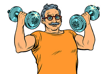 Image showing elderly man lifts dumbbells, fitness sport