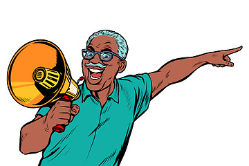 Image showing african elderly man with a megaphone