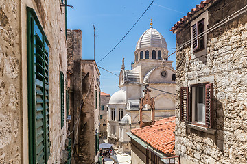 Image showing Croatia, city of Sibenik, panoramic view of the old town center and cathedral of St James, most important architectural monument of the Renaissance era in Croatia, UNESCO World Heritage